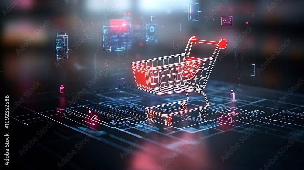 Poster sleek futuristic shopping cart glowing brightly on a digital surface surrounded by dynamic holograph