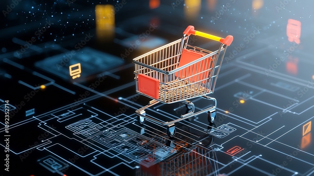Fototapete a vibrant glowing shopping cart placed on a sleek digital platform with futuristic holographic patte