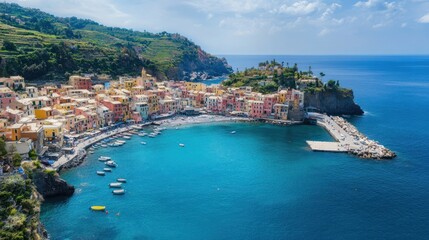 Naklejka premium Colorful Coastal Village with Turquoise Waters