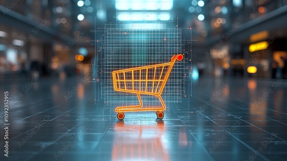 Poster A futuristic shopping scene featuring a high tech glowing shopping cart hovering on a reflective digital surface surrounded by vibrant holographic grids and neon colored illumination