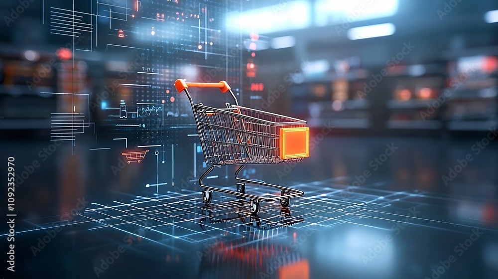 Poster A sleek and high tech shopping scene featuring a glowing shopping cart displayed on a reflective digital surface illuminated by vibrant holographic grids and neon colors