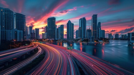 Obraz premium Miami Cityscape at Sunset with Long Exposure of Traffic