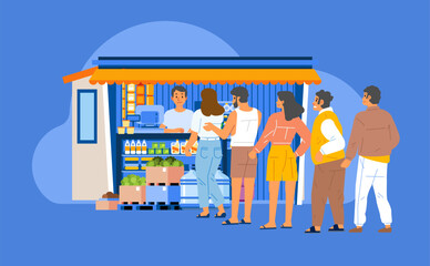 Local traditional grocery stall store People Queue shop daily needs man merchant welcomes the custommer
