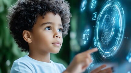 Futuristic digital blackboard with interactive virtual displays and immersive educational tools surrounding it students engaged in a cutting edge technology driven classroom setting