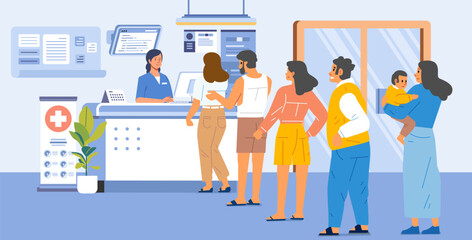People queue waiting in line Hospital Reception clinic, sick man woman girl appointment medic