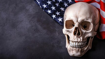 Fototapeta premium Skull on textured background with American flag symbolizing patriotism and mortality.