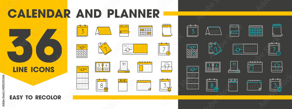 Poster calendar outline icons of schedule date pages and reminder notification, vector pictograms. calendar