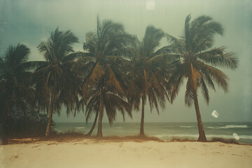 Fototapeta premium Palm trees at tropical summer time, vintage toned and stylized.