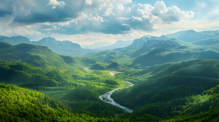 Obraz premium Panorama banner of a mountain landscape with a winding river and lush green forest, capturing nature's serene beauty