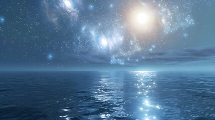 Peaceful journey across a cosmic ocean, with distant binary stars and the glowing center of the universe in the background