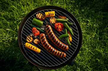 Key visual of grilled sausages and vegetables on a grill, with a green grass background, top view, photorealistic, clean sharp focus, professional color grading, soft shadows, low contrast, minimalist