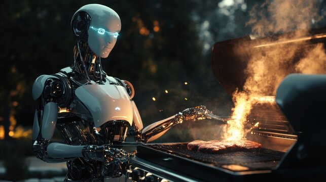 futuristic robot with artificial intelligence grilling steaks, precise cooking technology