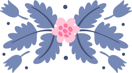 Reflected composition purple and pink flowers is made in folk art. Design element, border element, print in rustic style, isolated white background.