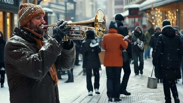 Street Musician Playing Trombone in Winter