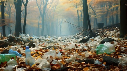 Fallen Leaves Replaced by Plastic Waste in Mysterious Forest Landscape