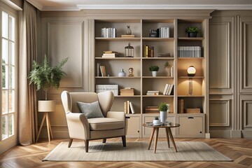 Fototapeta premium Elegant Minimalist Beige Room Featuring a Stylish Bookcase and Cozy Armchair, Perfect for Relaxation and Reading in a Contemporary Setting