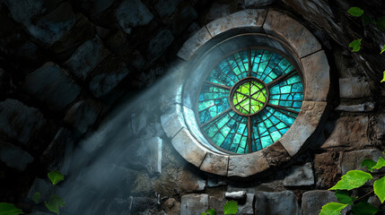 Mysterious crypt. Ancient stained glass window in stone wall, illuminated by soft light, surrounded by greenery, creating serene atmosphere