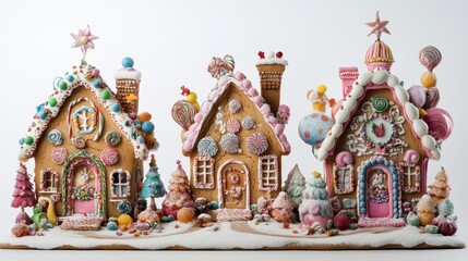 Fototapeta premium Christmas gingerbread house in snow town,Cookie and candy house with christmas tree,holiday greeting season,gift for Christmas day,Merry Christmas,happy new year concept,copy space.