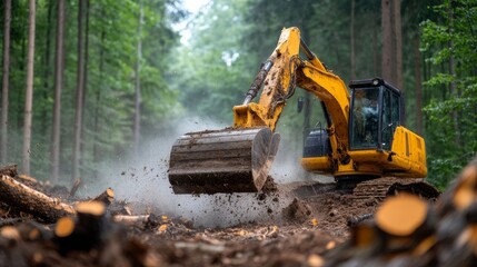 Heavy yellow excavator performing logging operations in a lush green forest, showcasing powerful machinery clearing trees with dust and debris scattering around.