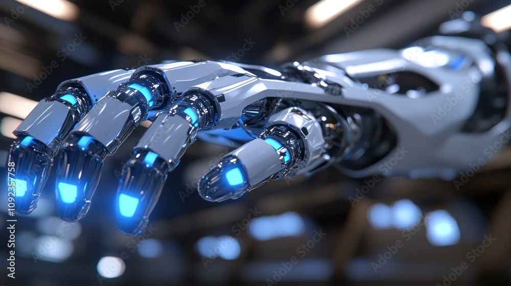 Poster advanced robotic hand reaching outwards in a dark setting
