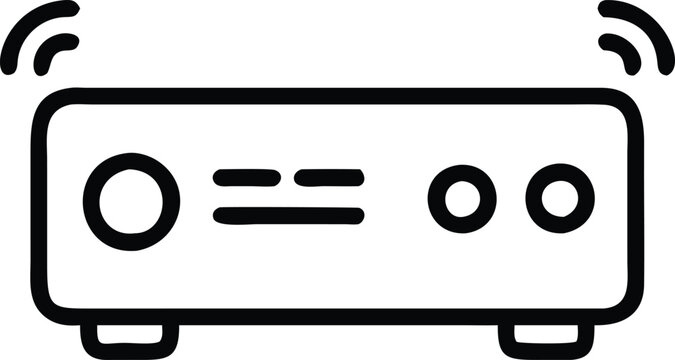 recommend clip art: Minimalist Audio Receiver with Sound Waves, Black and white line art illustration of an audio receiver emitting sound waves, featuring a clean and modern minimalist design.  
                    