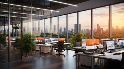 Naklejka premium Intelligent Modern Office with Panoramic City Skyline View