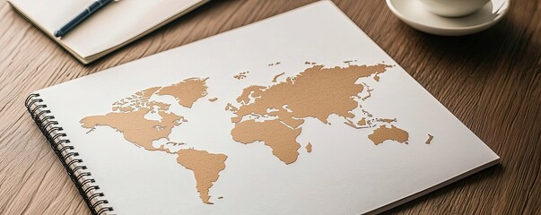A minimalistic world map is sketched on a notepad, resting on a wooden table next to a cup of coffee.