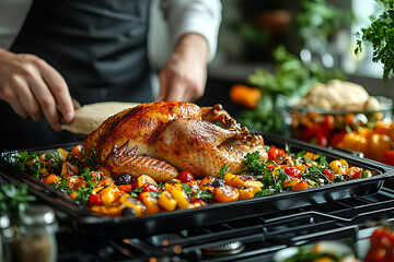 The chef is grilling chicken with vegetables on the barbecue grill and serving it on a plate