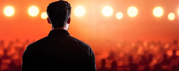 Business travel conference itinerary concept. A silhouette of a man stands before a crowd, illuminated by warm stage lights, creating an atmosphere of anticipation and focus.