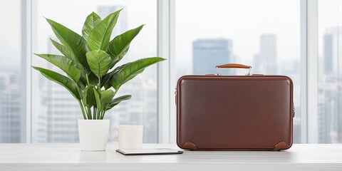 Business travel conference itinerary concept. A stylish brown suitcase rests beside a potted plant on a modern desk with a city skyline view in the background.