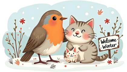 Fototapeta premium An HD illustration of a cute robin and two cats with a welcome winter sign, a sticker-style wallpaper 