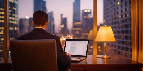 Business travel conference itinerary concept. A businessman works late at night in a modern office, typing on a laptop with a city skyline view illuminated by sunset.