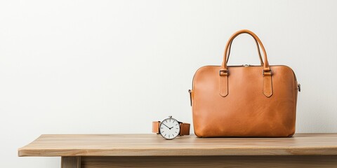 Business travel conference itinerary concept. A stylish leather bag paired with a classic watch, placed elegantly on a wooden table against a light background.