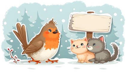Fototapeta premium An HD illustration of a cute robin and two cats with a welcome winter sign, a sticker-style wallpaper 