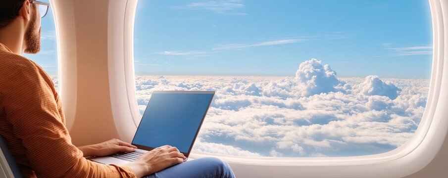 Business travel conference itinerary concept. A traveler works on a laptop while gazing out of an airplane window at fluffy clouds and a bright blue sky.