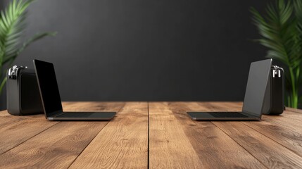 Business travel conference itinerary concept. Two sleek laptops face each other on a wooden table, surrounded by lush green plants, against a dark wall backdrop.