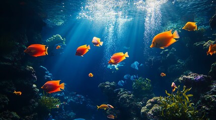 Vibrant orange fish swim in a deep blue ocean aquarium