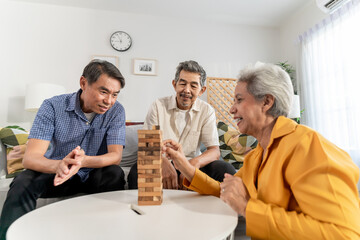 Group of senior friend play game with wooden block in living room at home. 