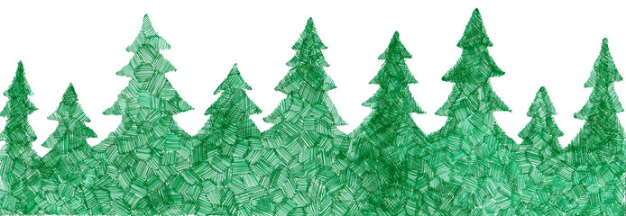 Panorama of coniferous trees. Horizontal background. Green color on white. Trees filled with stroke texture. Short strokes in different directions, intersecting in places, forming richer colors.