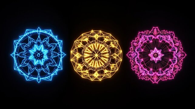 Three vibrant neon mandala designs.
