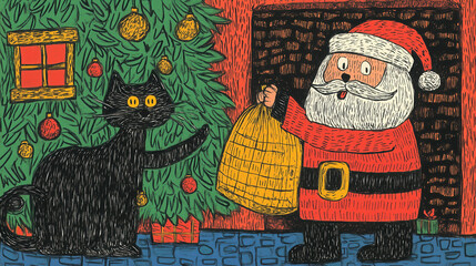 Santa Clause with cat, Christmas, Santa, illustration, whimsical