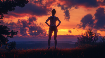 woman stands silhouetted against a vibrant sunset sky, overlooking a landscape