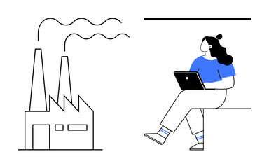 Woman using a laptop seated next to a factory emitting smoke. Ideal for remote work, industrial oversight, pollution control, environmental awareness, technology integration, work-life balance