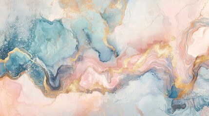 Fototapeta premium Marble texture, abstract swirls, pastel pink and blue hues, subtle gold accents