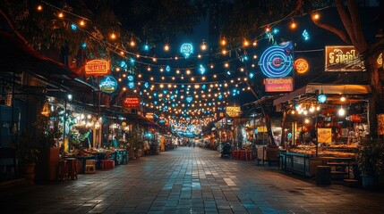 A vibrant night market with colorful lights and food stalls creating a lively atmosphere.