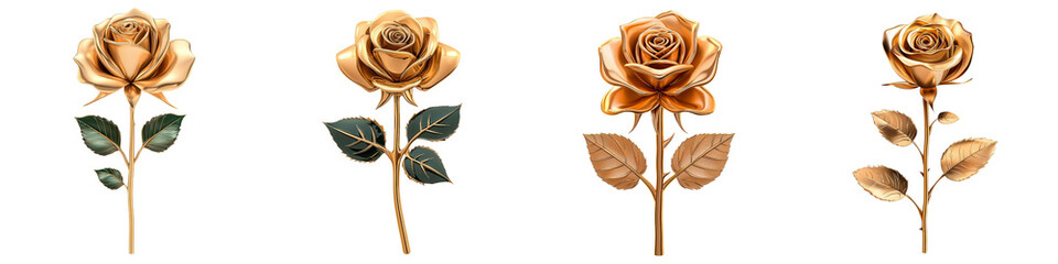 Four golden roses with detailed petals and green leaves, showcasing elegance and beauty.