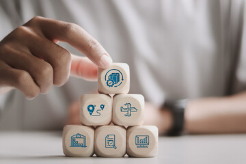 Supply chain for logistic management concept, organizing and controlling resources to meet the needs of customers. Logistic and transport.