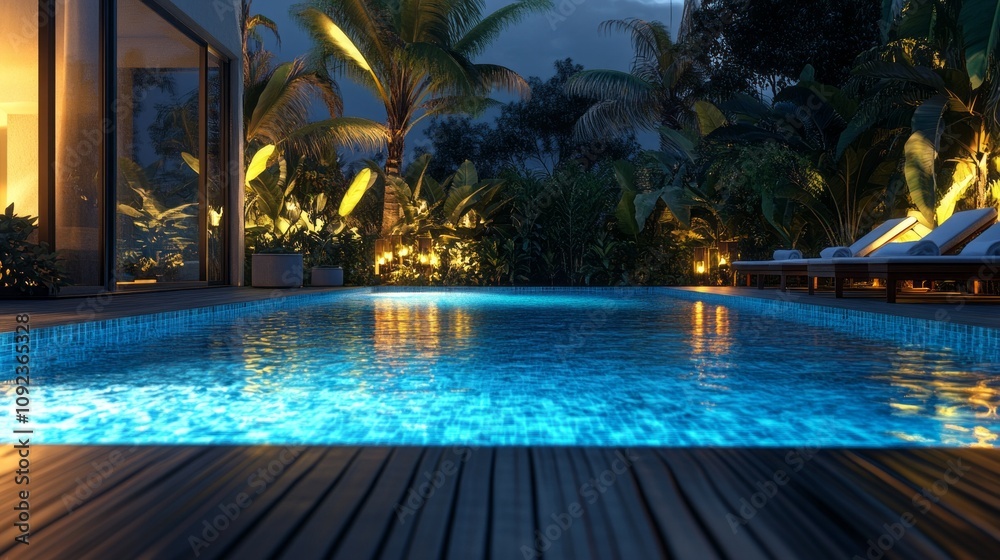 Poster A pool with a palm tree in the background