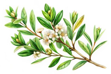 Obraz premium Hand-Drawn Watercolor Illustration of Bog Myrtle with Blooming Leaves on a White Background, Perfect for Nature-Themed Projects and Botanical Art Collections