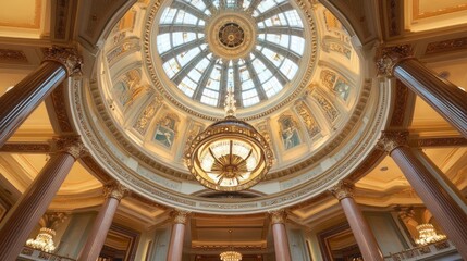 Obraz premium Majestic dome interior with geometric tile patterns, hanging chandeliers, detailed stone columns